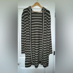 Striped Olive and White Women's Cardigan With Hood